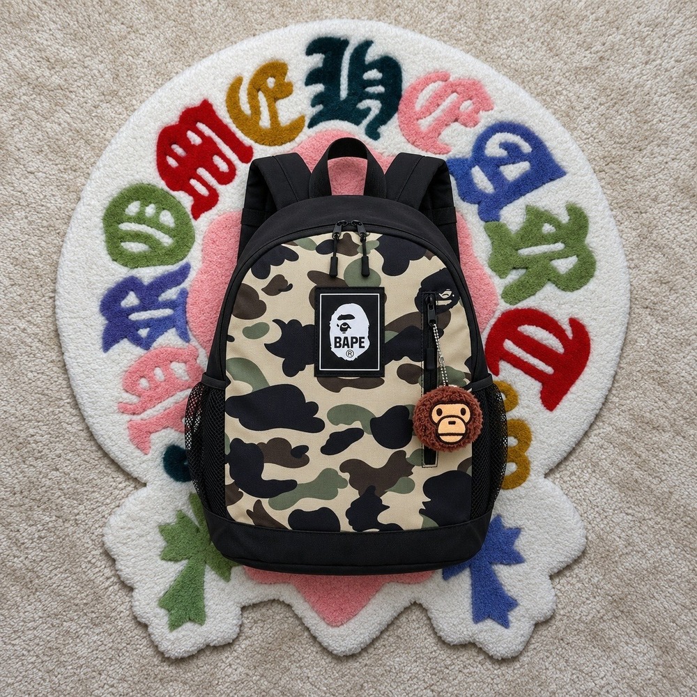 BAPE A Bathing Ape Camo Backpack Baby Milo Charm Green Tan Streetwear Bag